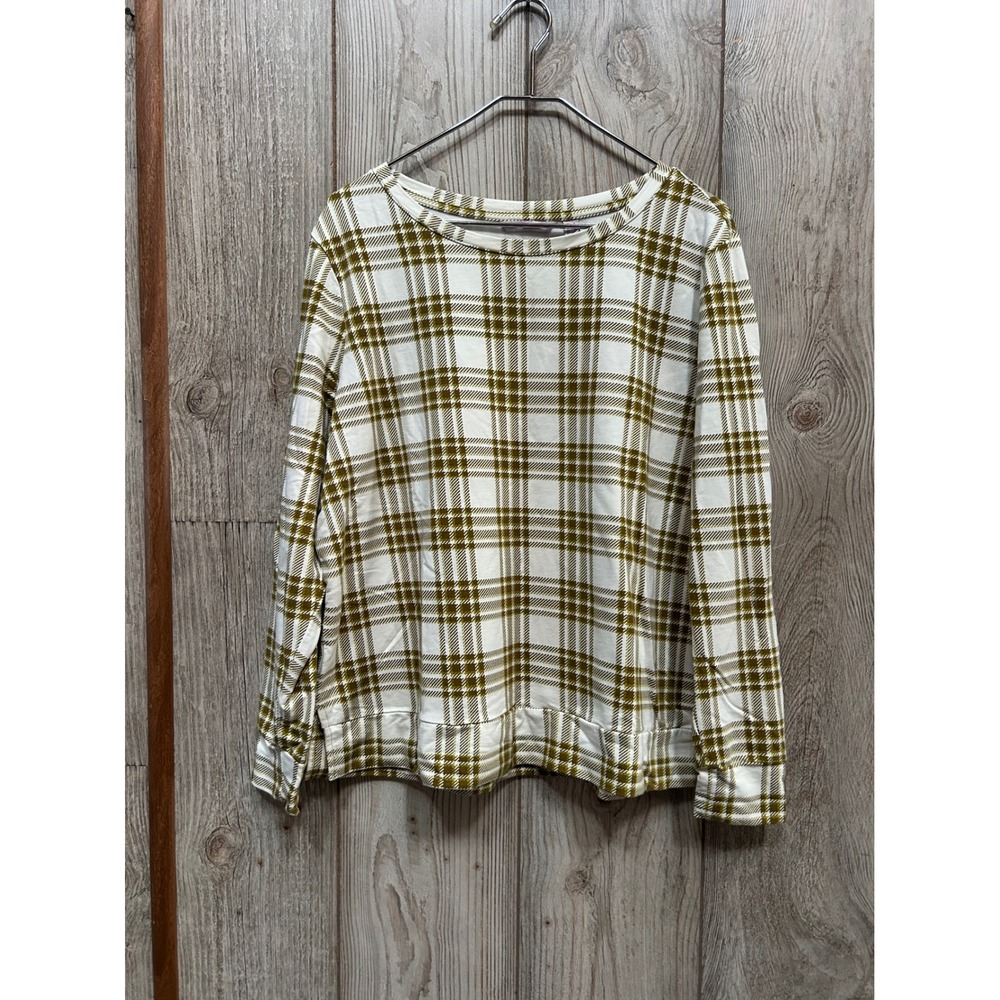 AnyBody Womens Large Plaid Long Sleeve Crew Neck Top Olive Green Cream Cotton - Picture 2 of 7